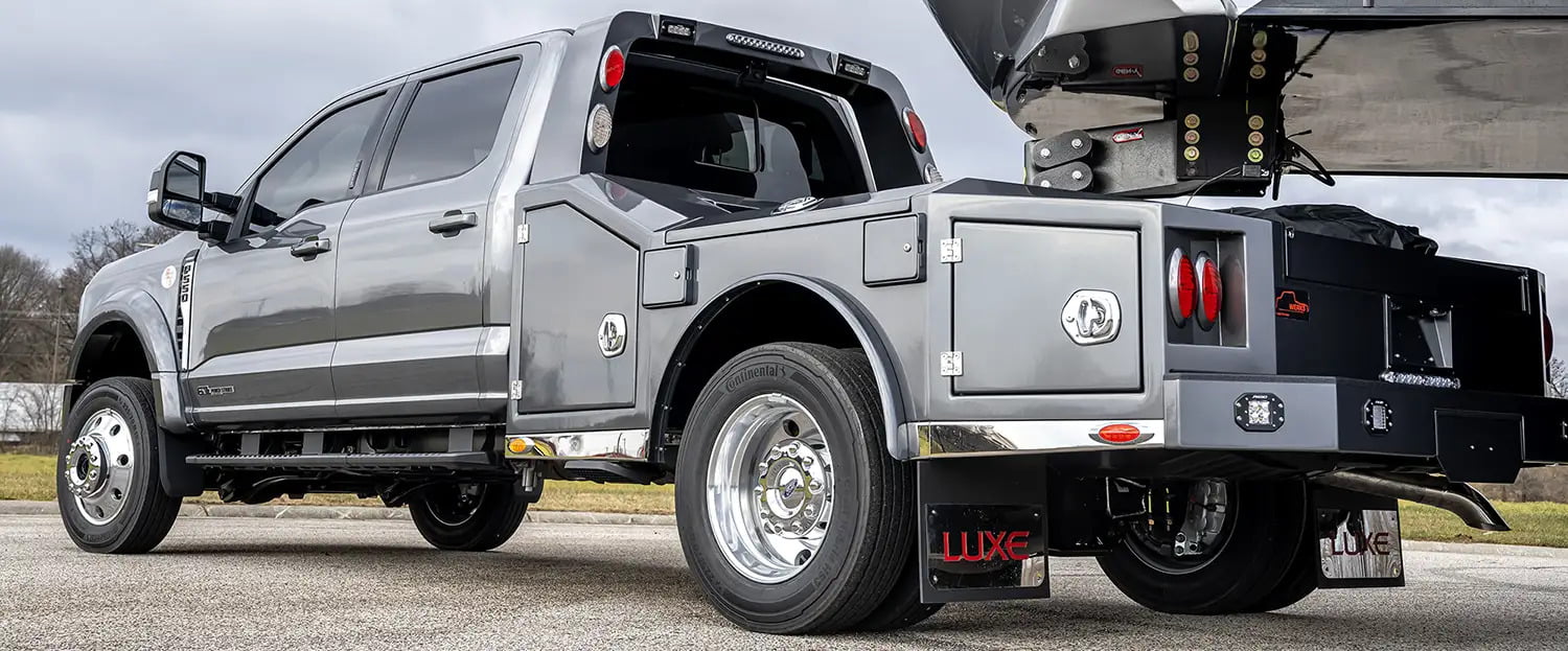 A Luxe Trucks Ford F-550 with custom aluminum truck bed.