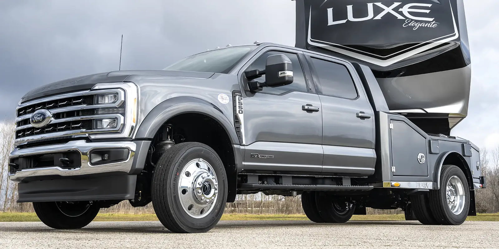 A Luxe Trucks Utility Bodywerks Ford F-550 with custom aluminum hauler bed.
