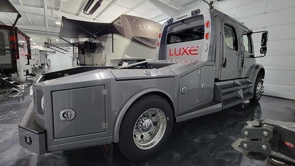 luxe silver rv truck hauler freightliner