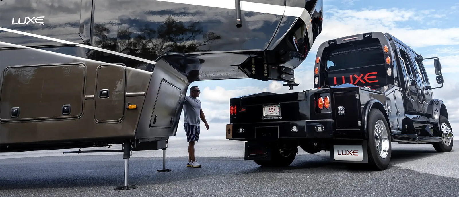 Luxe Trucks Freightliner M2 106 positioning to hauler a Luxe Fifth Wheel RV